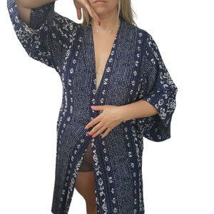 RipCurl kimono duster long midi navy blue white size L‎ boho beach coverup